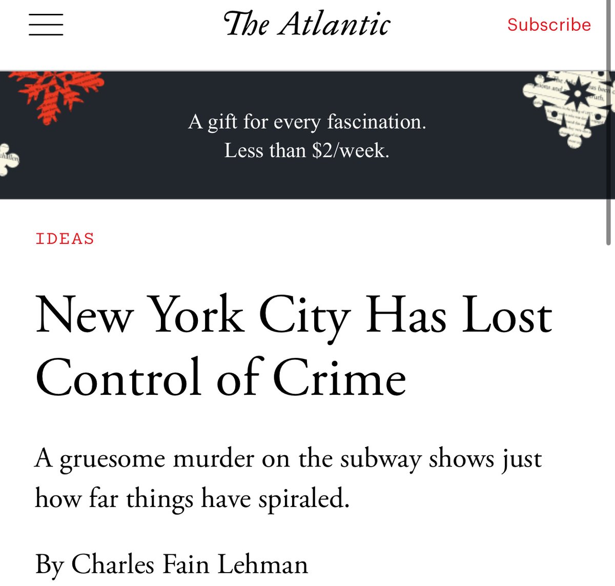 Charles Fain Lehman (@charlesflehman) on Twitter photo The horrific murder on the F train yesterday is just the latest proof that New York City has lost control of crime. In <a href="/TheAtlantic/">The Atlantic</a> I explain how, why, and what to do. The horrific murder on the F train yesterday is just the latest proof that New York City has lost control of crime. In <a href="/TheAtlantic/">The Atlantic</a> I explain how, why, and what to do.