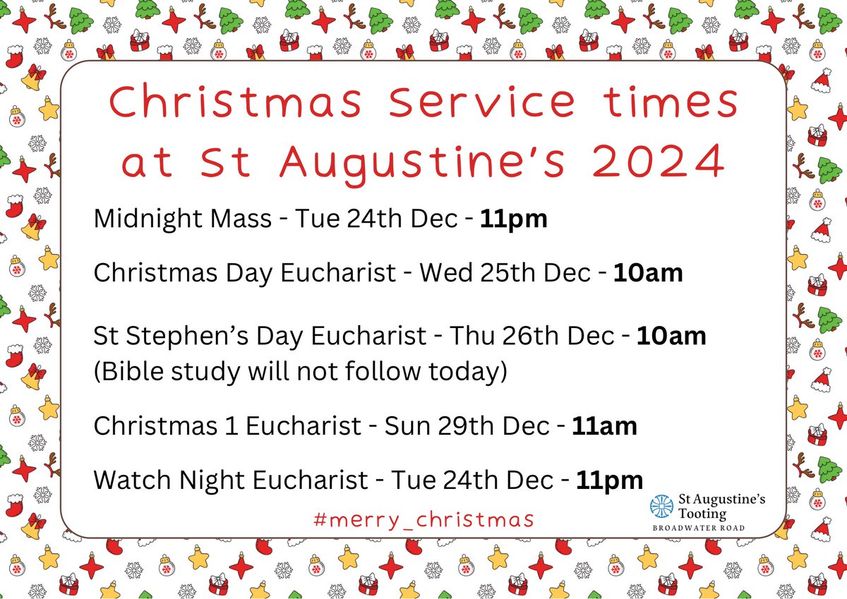 Our Christmas morning service is slightly earlier than our regular Sunday time, so here’s a reminder of services at St Augustine’s, Tooting over the #Christmas period🎄  

<a href="/SouthwarkCofE/">Southwark Diocese</a> <a href="/tootingnewsie/">Tooting Newsie</a>