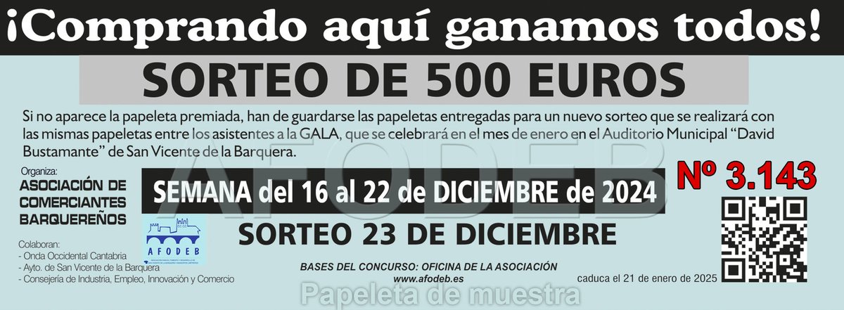 Buenos días, ya tenemos el número premiado en el segundo #sorteo de la Campaña de #Navidad "Comprando aquí ganamos todos" 2024 de #sanvicentedelabarquera💶
👉Comprueba tus papeletas y mucha #suerte
Mas info aquí: bit.ly/4iNGUtC
#aquisiempretoca #yoapoyoelcomerciolocal
