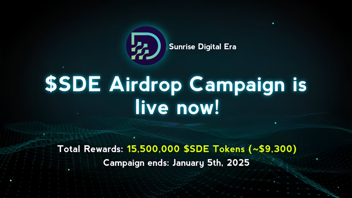 🪂 SDE Token Airdrop

🏆 Reward: 25,000 $SDE (~$15) each for 500 Random Winner

👨‍👨‍👧‍👧 Referral: 3,000,000 $SDE (~$1,800) for Top 55 Referral 

🔗 Airdrop Link: t.me/SDETokenAirdro…

⌛ End Date: 5th December, 2025
🏦 Distribution: 15th January, 2025

🔘 Do the Complete All tasks