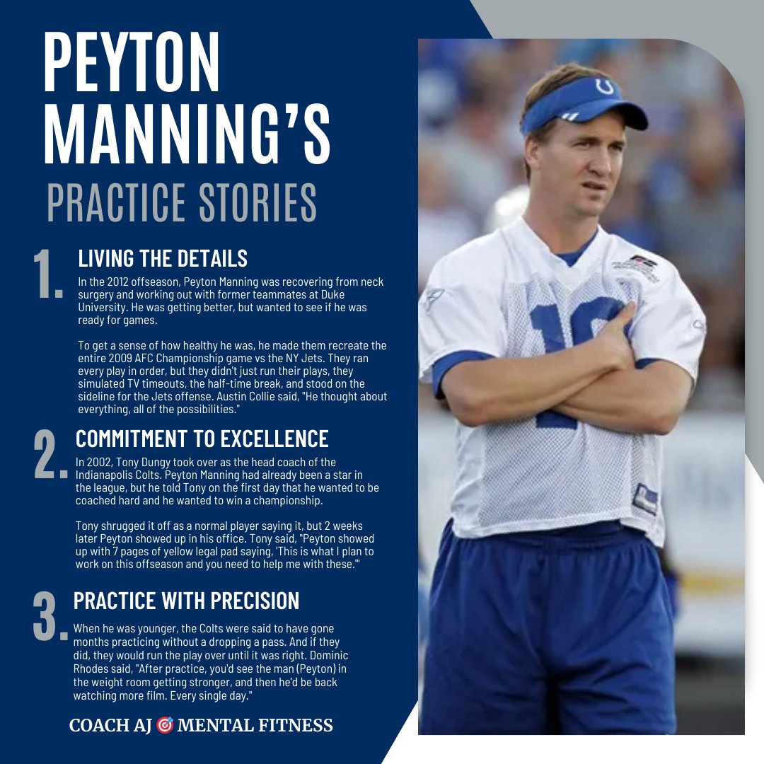 Peyton Manning said, "I've never left the field saying I could have done more to get ready and that gives me piece of mind."

His preparation and practice habits were legendary.

3 EPIC Peyton Manning stories with his principles for work ethic and practice...

1. Live the Details