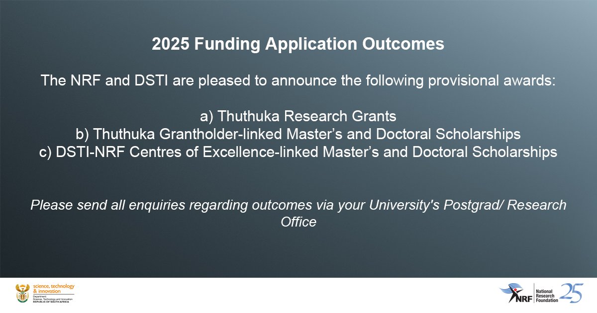 The Thuthuka Research Grant outcomes are available on the NRF's website here: nrf.ac.za/category/nrf-f…. 

The Thuthuka and CoE-linked postgrad outcomes are available here: nrf.ac.za/category/bursa…

Congratulations to all awardees.