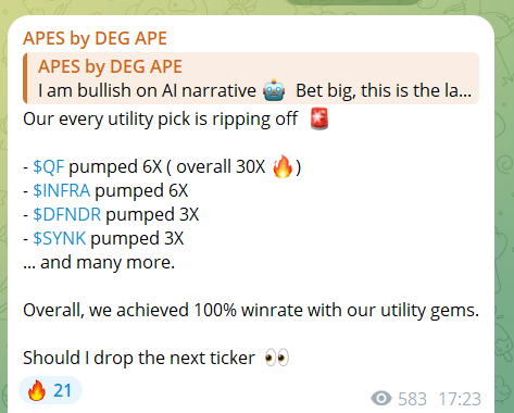 deg_ape's tweet photo. Stay poor degens, we are printing Xs in our TG community 🔥
(dropping link in the comment 👇)
Recent utility gains:
$QF - 40X ⚡️
$COR - 10X ⚡️
$EAVE - 4X ⚡️
$DFNDR - 3X ⚡️
$SYNK - 3X ⚡️
$PEAR - 2X ⚡️
$DRAFT - 2X ⚡️
Meme gains:
$PESTO - 10x ⚡️
$WMM - 8x ⚡️
#POPGOAT - 8x ⚡️
$GOPNUT - 7x ⚡️
$SHRUB - 4x ⚡️
$GINNAN - 3x ⚡️
$BOG - 2x ⚡️
$TODD - 2x ⚡️
I'm back in the trenches, this dip is the best chance to hunt our next 100X alpha!
Are you in?