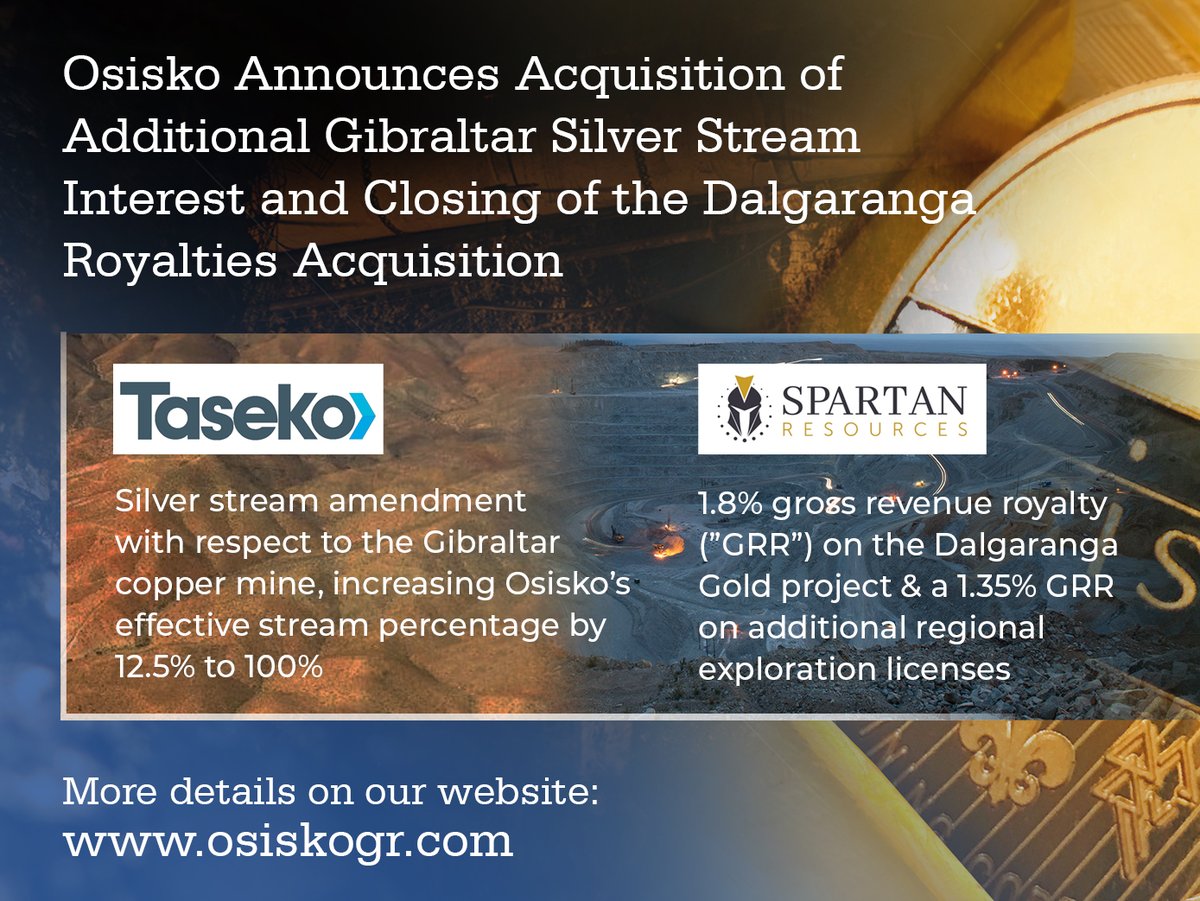 Earlier today, Osisko Gold Royalties announced an amendment to its silver stream on the Gibraltar copper mine, increasing Osisko's attributable silver percentage by 12.5% to 100%.  Additionally, the company announced the closing of its acquisition of the Dalgaranga royalties.
