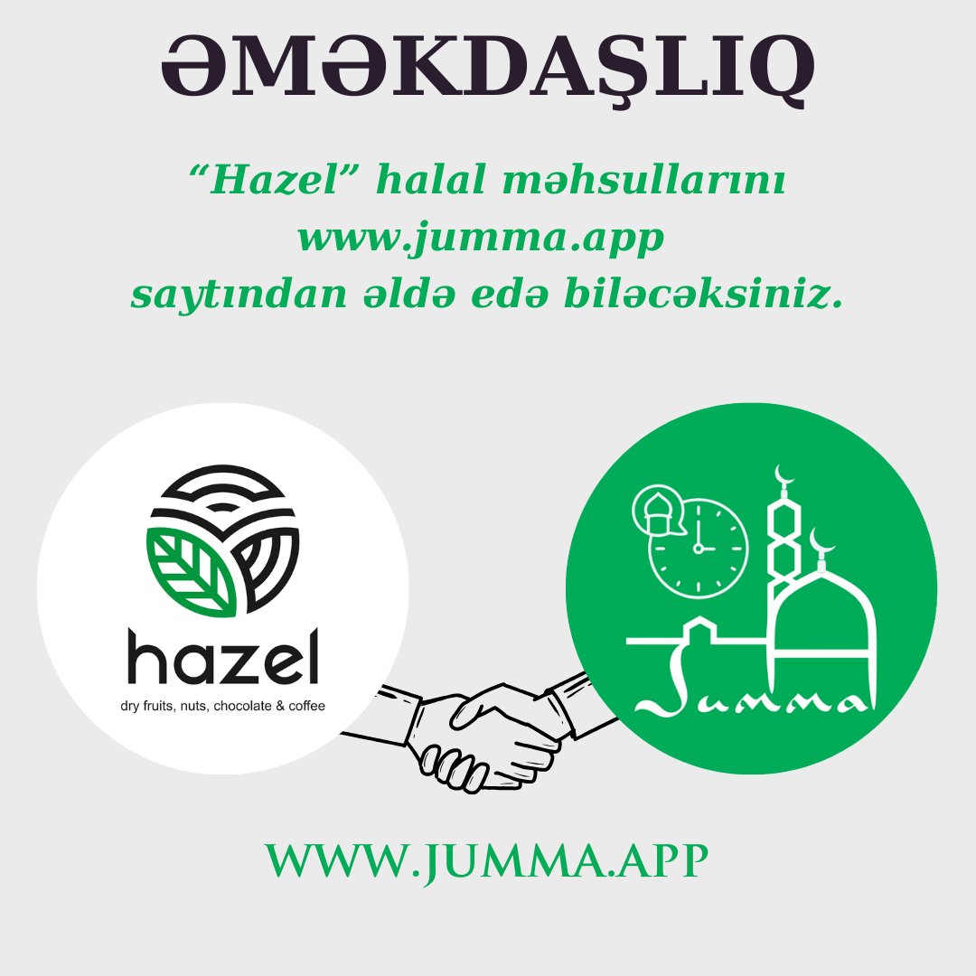JummaApp's tweet photo. Hazel  şirkəti ilə əməkdaşlığımızın nəticəsi olaraq şirkətin halal məhsullarını https://t.co/oxqLSTewxP  saytından əldə edə bil��cəksiniz.
Əməkdaşlığımız xeyirli və uğurlu olsun! https://t.co/UABM47hrvO
