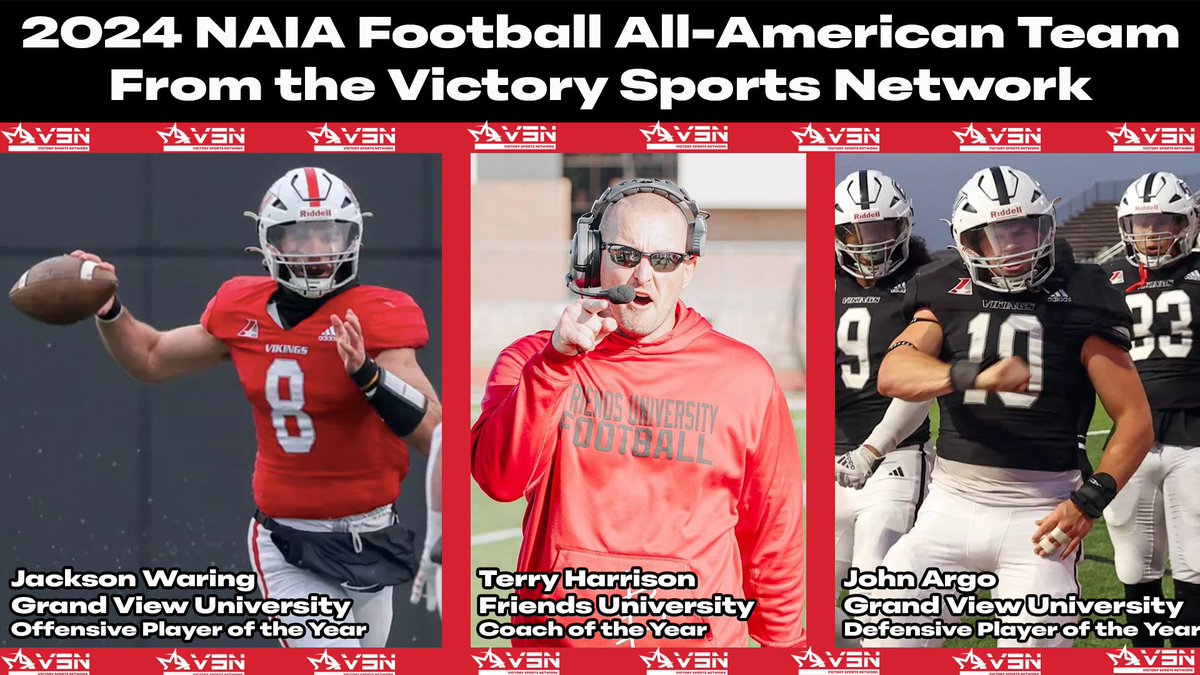 NAIA Football from VSN (@naiafootballvsn) on Twitter photo The 2024 Victory Sports Network NAIA Football All American team and individual awards have been released.
Jackson Waring (<a href="/GVVikingFB/">Grand View Football</a>), John Argo (<a href="/VikingAthletics/">Viking Athletics</a>) and Terry Harrison (<a href="/FalconsFU/">Friends University Football</a> <a href="/CoachHarrisonFU/">Coach Harrison</a>) earn individual awards.
Full Release: victorysportsnetwork.com/2024/12/23/202β¦ The 2024 Victory Sports Network NAIA Football All American team and individual awards have been released.
Jackson Waring (<a href="/GVVikingFB/">Grand View Football</a>), John Argo (<a href="/VikingAthletics/">Viking Athletics</a>) and Terry Harrison (<a href="/FalconsFU/">Friends University Football</a> <a href="/CoachHarrisonFU/">Coach Harrison</a>) earn individual awards.
Full Release: victorysportsnetwork.com/2024/12/23/202β¦