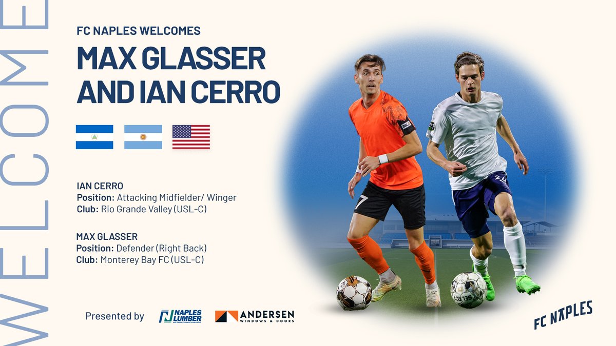 Two incredible talents are touching down in Naples. Welcome Ian Cerro and Max Glasser! 🌴

Ian Cerro ⬇️

With a stellar season in USL Championship with Rio Grande Valley under his belt, Ian proved himself as a key playmaker. A creative attacking midfielder, Ian has a knack for