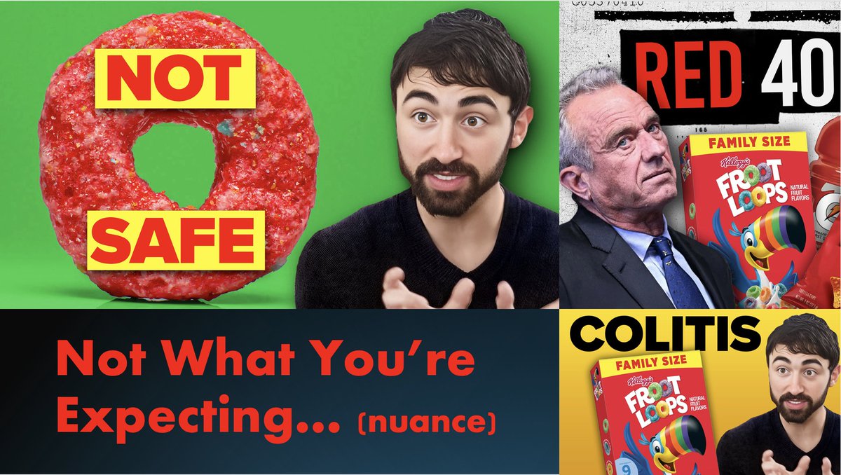 nicknorwitz's tweet photo. 🔴Food Dyes Might Actually be a Problem🟡
But there’s a bigger one! 

Let’s review data and apply reason. (Links at end)

1/5) Context: The debate over the potential harms of artificial food dyes is heating up given the appointment of @RobertKennedyJr as head of HHS and the protestors who swarmed Kellogg’s demanding the removal of artificial dyes from foods like kids' cereals.

👉The most common of these is Red40, with an annual production of 2.3 Million Kg per year! - Think Doritos, Gatorade, Froot Loops, Popsicles, Gums. It’s everywhere!

👉But is there a real cause for concern, or is this just hype? Let’s dig in. I want to start with a sample of data on Red40, Yellow 6 and inflammatory bowel disease.

Then, I’ll apply a twist…