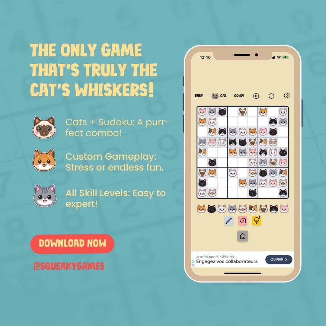 squeakygamesinc's tweet photo. 🐱 Cat lovers + puzzle enthusiasts = the purr-fect match! Miawdoku awaits.
✨ Download on iOS now and join the fun! Visit https://t.co/fnyhxjNXzA #Miawdoku #sudoku #catlovers #catsofinstagram #squeakygames #indiegamedev #indiedev #mobilegames #indiegame #kitty #gamedev https://t.co/ABhtc29gCQ