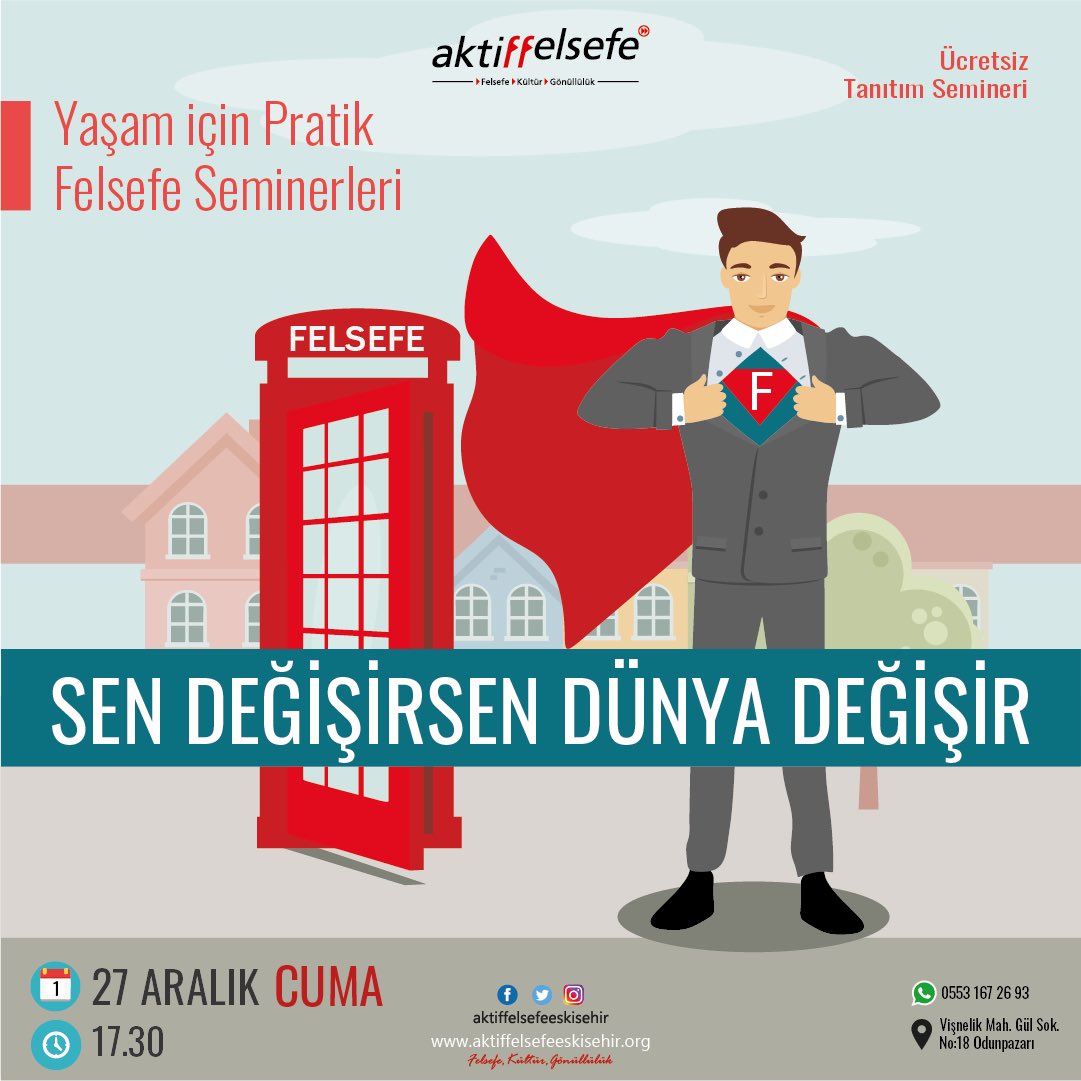 aktiffelsefeESK's tweet photo. 📌 Ücretsiz Tanıtım Semineri

Günümüzde dünyanın değişmesini istiyoruz fakat bu değişimin ilk olarak kendimizden başlayacağını unutuyoruz. Peki, bahsettiğimiz bu değişim nasıl olacak? 

Katılmak için lütfen bağlantıdan kayıt olunuz.
https://t.co/QWncOGti0O

#eskişehir #felsefe https://t.co/IWyUGzIfys