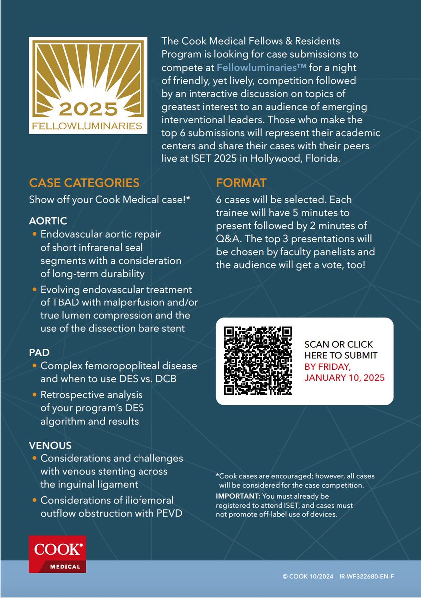Cook Vascular (@cookvascular) on Twitter photo 🎯 Physicians-in-training at #ISET2025: Submit your case for Fellowluminaries™!
Top 6 present live in Hollywood, FL.
📅 Deadline: Jan 10, 2025
🔗 Submit now
#ISET2025 #Fellowluminaries
Link to case submission form: forms.office.com/r/arMjB61VCZ
<a href="/docTPlive/">Tino Peña</a> <a href="/schiro_md/">Brian J. Schiro, MD</a> <a href="/angiowoman/">Janice Newsome MD FSIR</a> 🎯 Physicians-in-training at #ISET2025: Submit your case for Fellowluminaries™!
Top 6 present live in Hollywood, FL.
📅 Deadline: Jan 10, 2025
🔗 Submit now
#ISET2025 #Fellowluminaries
Link to case submission form: forms.office.com/r/arMjB61VCZ
<a href="/docTPlive/">Tino Peña</a> <a href="/schiro_md/">Brian J. Schiro, MD</a> <a href="/angiowoman/">Janice Newsome MD FSIR</a>