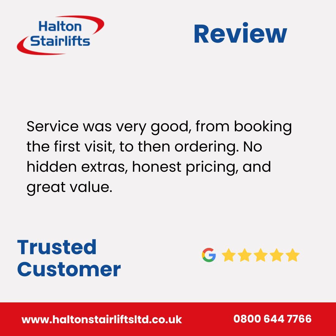 Haltonlifts's tweet photo. There's nothing better than receiving great reviews like this π
If you or a family member require a stairlift, look no further than ourselves here at Halton Stairlifts! π€
#reviews #stairliftsuk #stairliftinstallation https://t.co/lFPft8bIYc