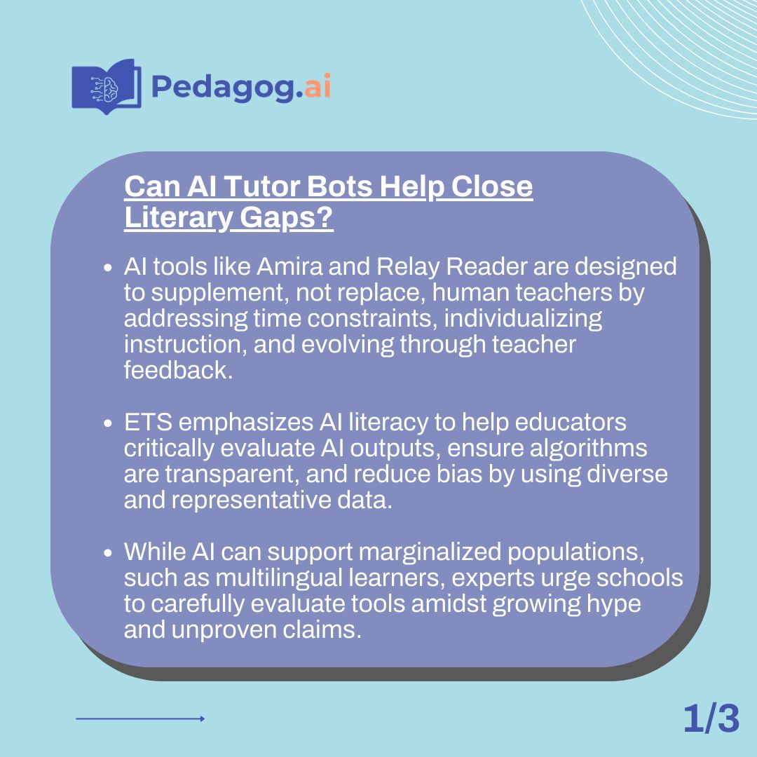 _pedagogy's tweet photo. 📚 AI in Education and Literacy – Highlights This Week  

- AI Tutors Bridging Gaps: Innovative bots address literacy challenges but raise questions about long-term impacts. https://t.co/g9yYC432VE.  
- AI in Philadelphia Schools: Major strides expected in 2025 as schools embrace cutting-edge AI tools. https://t.co/ry4Q3K5Qlf.  
- NYC Reconsiders AI Contract: A reading tutor AI program faces scrutiny, spotlighting challenges in education tech partnerships. https://t.co/ChbWadU5XM.  

#AIinEducation #EdTech #FutureOfLearning