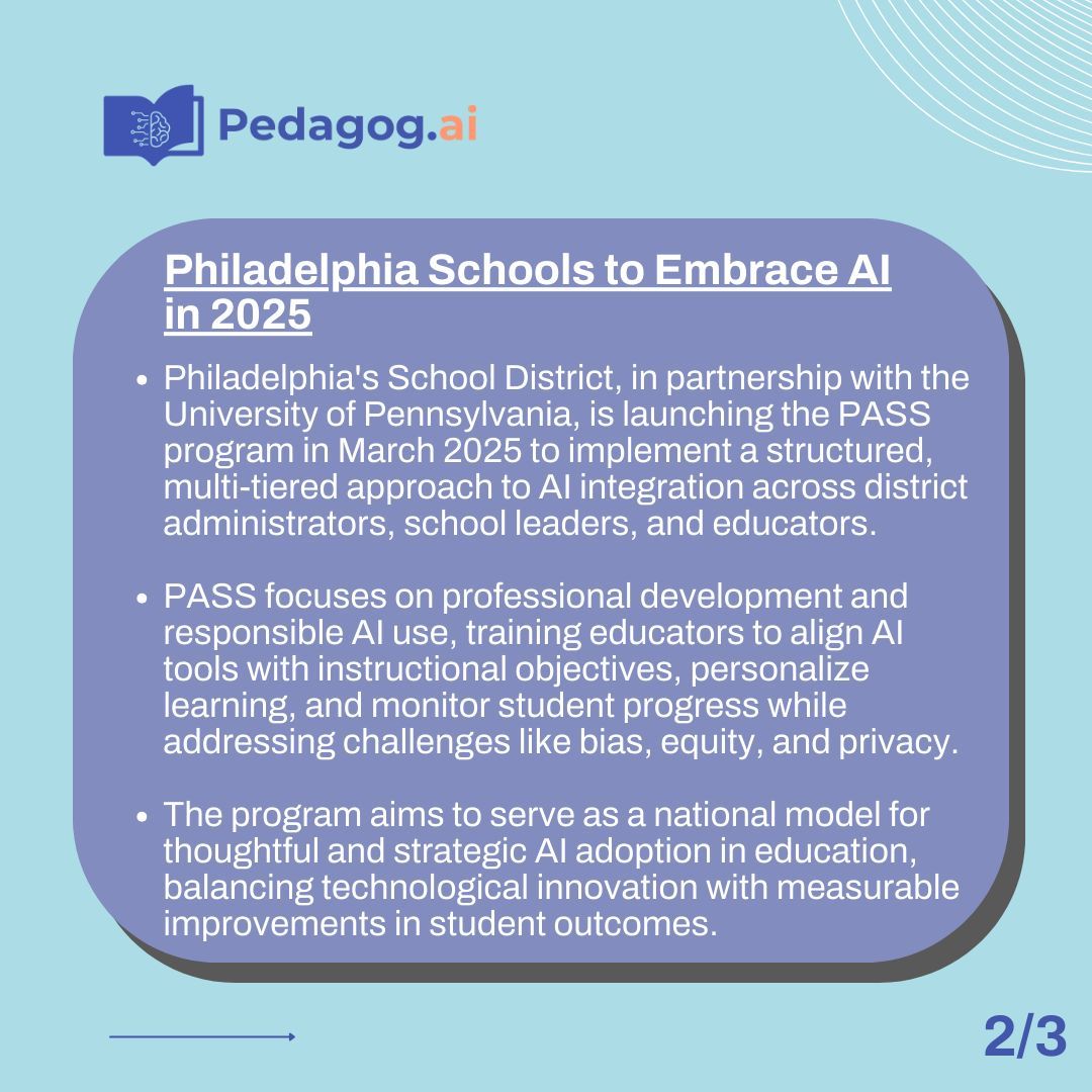 _pedagogy's tweet photo. 📚 AI in Education and Literacy – Highlights This Week  

- AI Tutors Bridging Gaps: Innovative bots address literacy challenges but raise questions about long-term impacts. https://t.co/g9yYC432VE.  
- AI in Philadelphia Schools: Major strides expected in 2025 as schools embrace cutting-edge AI tools. https://t.co/ry4Q3K5Qlf.  
- NYC Reconsiders AI Contract: A reading tutor AI program faces scrutiny, spotlighting challenges in education tech partnerships. https://t.co/ChbWadU5XM.  

#AIinEducation #EdTech #FutureOfLearning
