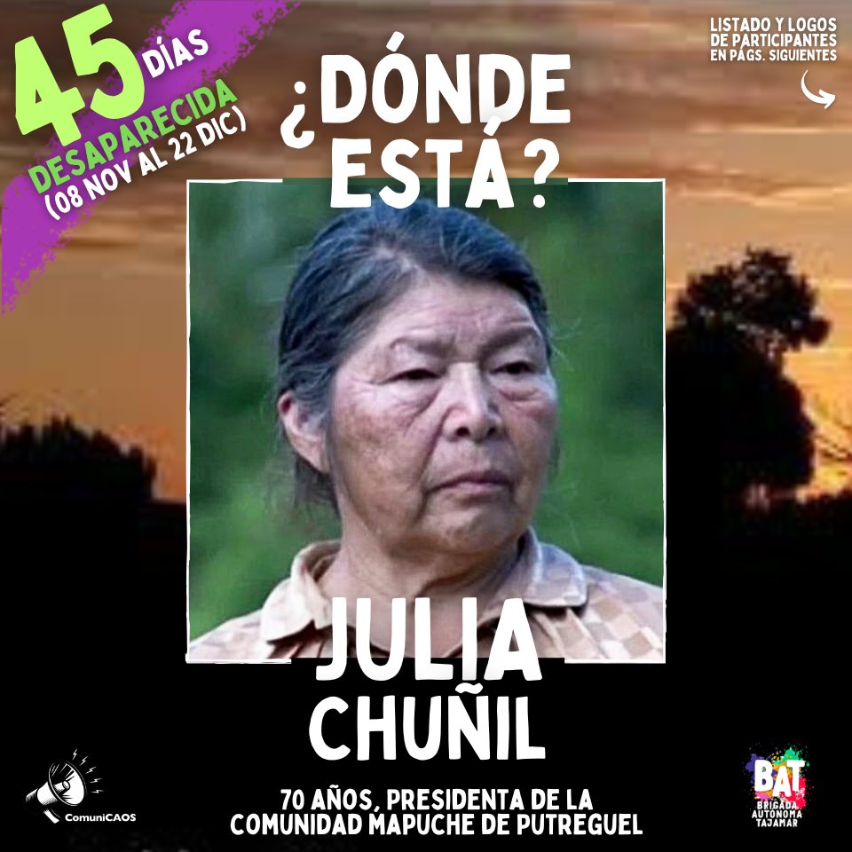 📣 Julia Chuñil lleva más de un mes desaparecida. 
👉Es una defensora de los bosques nativos y los derechos indígenas. 
👉¡Exigimos justicia y respuestas! #DondeEstaJuliaChuñil 
#JusticiaParaJulia