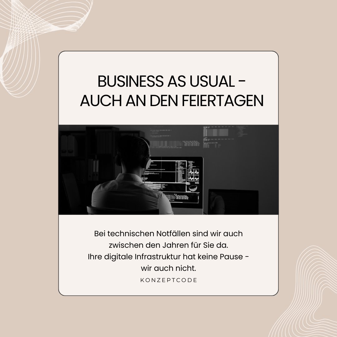konzeptcode's tweet image. 🎄Digitale Services kennen keine Feiertage
Als Ihr technischer Partner gewährleisten wir durchgehenden Support bei kritischen Systemausfällen. Denn wir wissen: Digitale Prozesse machen keine Pause - auch nicht an Weihnachten.
#DigitalServices #WebDevelopment
