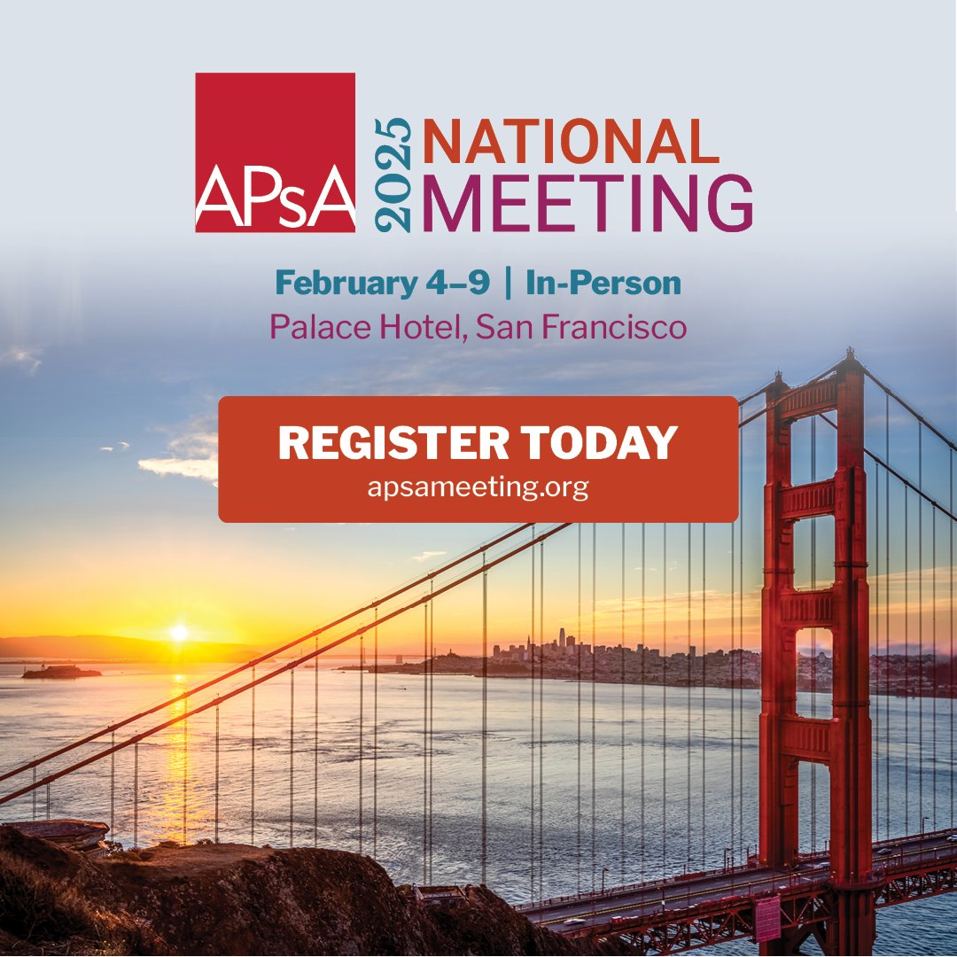 We're excited to invite you to our 2025 National Meeting!

It will take place February 2 – 9, 2025 in San Francisco, California at the Palace Hotel.  There will be opportunities to advance research, network, and develop professionally in psychoanalysis. 
✨apsameeting.org
