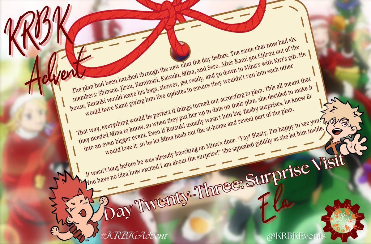 KrbkEvents's tweet photo. 🎁KRBK Advent Calendar Day Twenty-Three: Surprise Visit🎁

Eijirou loves surprises. Katsuki loves Eijirou. That much is clear in this delightful fic by @ficwritingnerd.

Check out the full thing here!
https://t.co/ALdH2Pl3WU

#KRBKAdvent #KRBKEvents https://t.co/ZshhUBtGxO