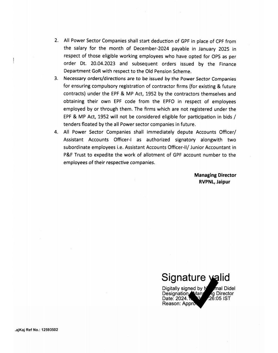सेवारत बिजली कर्मचारियों के हित मे OPS के क्रियान्वयन हेतु CPF के स्थान पर GPF की कटौती शुरू करने के आदेश आज जारी हो गए है। आदेशानुसार अपने कर्मचारियों की GPF संबंधित कार्यवाही का क्रियान्वयन अलग अलग कंपनी को अपने स्तर पर करना है। 
संयुक्त संघर्ष का साझा परिणाम आप सबको बहुत बधाई