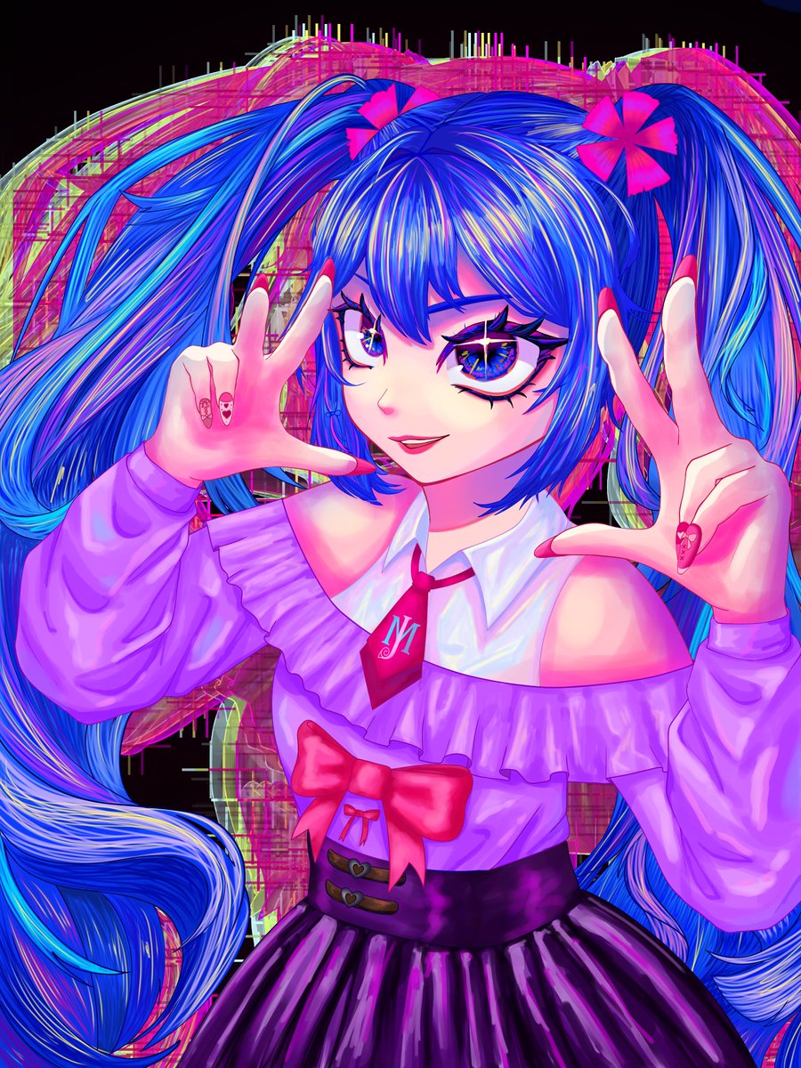 Inora_ML's tweet photo. I want to start taking commission. How much do you think this would cost? 
Time taken: 27 hour 
App used:Ibispaintx 
#art #digitalart #illustration #Miku #hyperpop #colorpop #commission #artist https://t.co/ZKFsQREopt