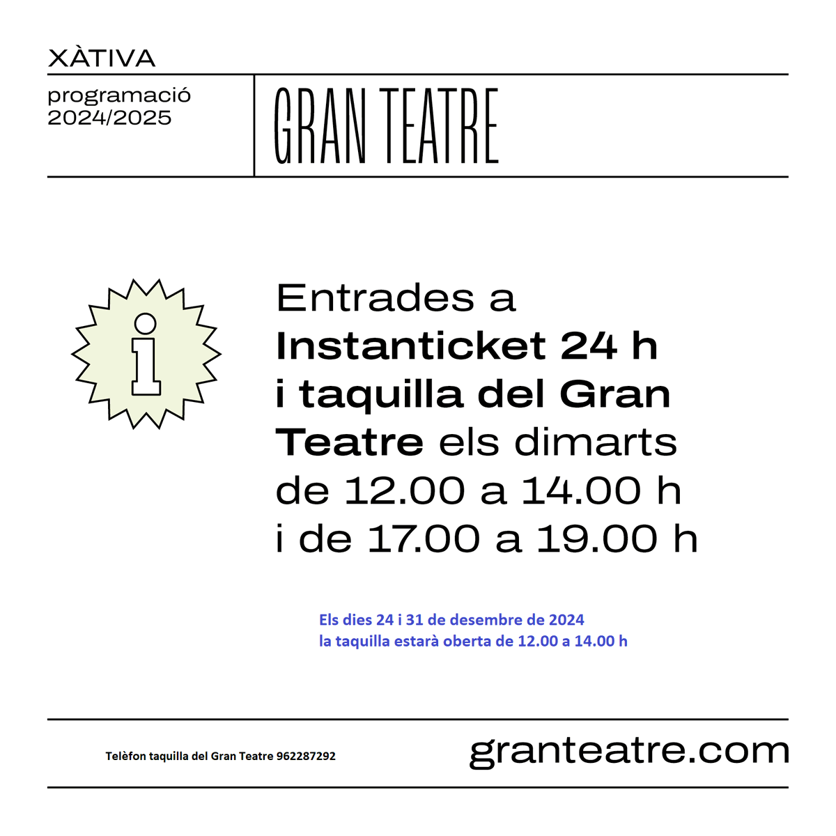 Ajuntament de Xàtiva (@xativa) on Twitter photo 🎭TEATRE
Recorda que el <a href="/teatrexativa/">granteatrexativa</a> compta amb una àmplia programació durant les festes de Nadal.
🗓️Dijous 26 «Los Pfeiffer»
🗓️Divendres 27 «On està Alicia?»
🗓️ Dijous 2 «La Bella Dorment»
🕐Aquest i el proper dimarts la taquilla sols obrirà en horari de matins. 🎭TEATRE
Recorda que el <a href="/teatrexativa/">granteatrexativa</a> compta amb una àmplia programació durant les festes de Nadal.
🗓️Dijous 26 «Los Pfeiffer»
🗓️Divendres 27 «On està Alicia?»
🗓️ Dijous 2 «La Bella Dorment»
🕐Aquest i el proper dimarts la taquilla sols obrirà en horari de matins.