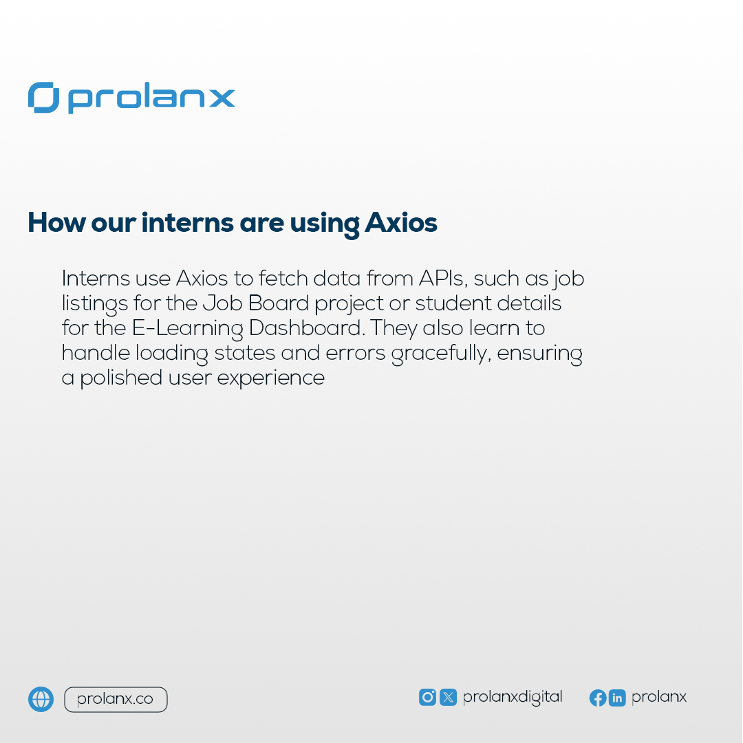 Prolanxdigital's tweet photo. Our interns are already leveraging Axios to:

Fetch data from APIs
Handle loading states &amp; errors with ease
Create seamless user experiences

Stay ahead of the curve! Learn more about Axios and elevate your coding skills! 

#Axios #CodingSkills #TechTalk  #prolanxdigital https://t.co/n2okPMwLh3