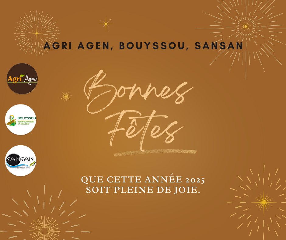Agri Agen fermera ses portes du 23/12/2024 au soir jusqu’au 02/01/2025 au matin! Il n’y aura pas de cours de céréales du 23/12/2024 à 11h00 jusqu’au 07/01/2025 au matin.
L'ensemble de nos équipes vous souhaite d’excellentes fêtes de fin d’année ! Santé, bonheur pour l'année 2025.