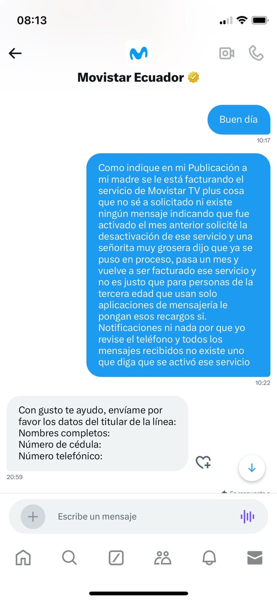 Leonardo_Guana's tweet photo. @MovistarEC casi 11 horas para responder un mensaje?? Y hasta el momento nadie se comunica. Y la mejor respuesta que siguen teniendo es pague, pero hasta ahora nadie hace la desactivación del servicio Movistar TV plus.
@Arcotel_ec como se prosigue en estos casos. https://t.co/NC6uk3AfhB