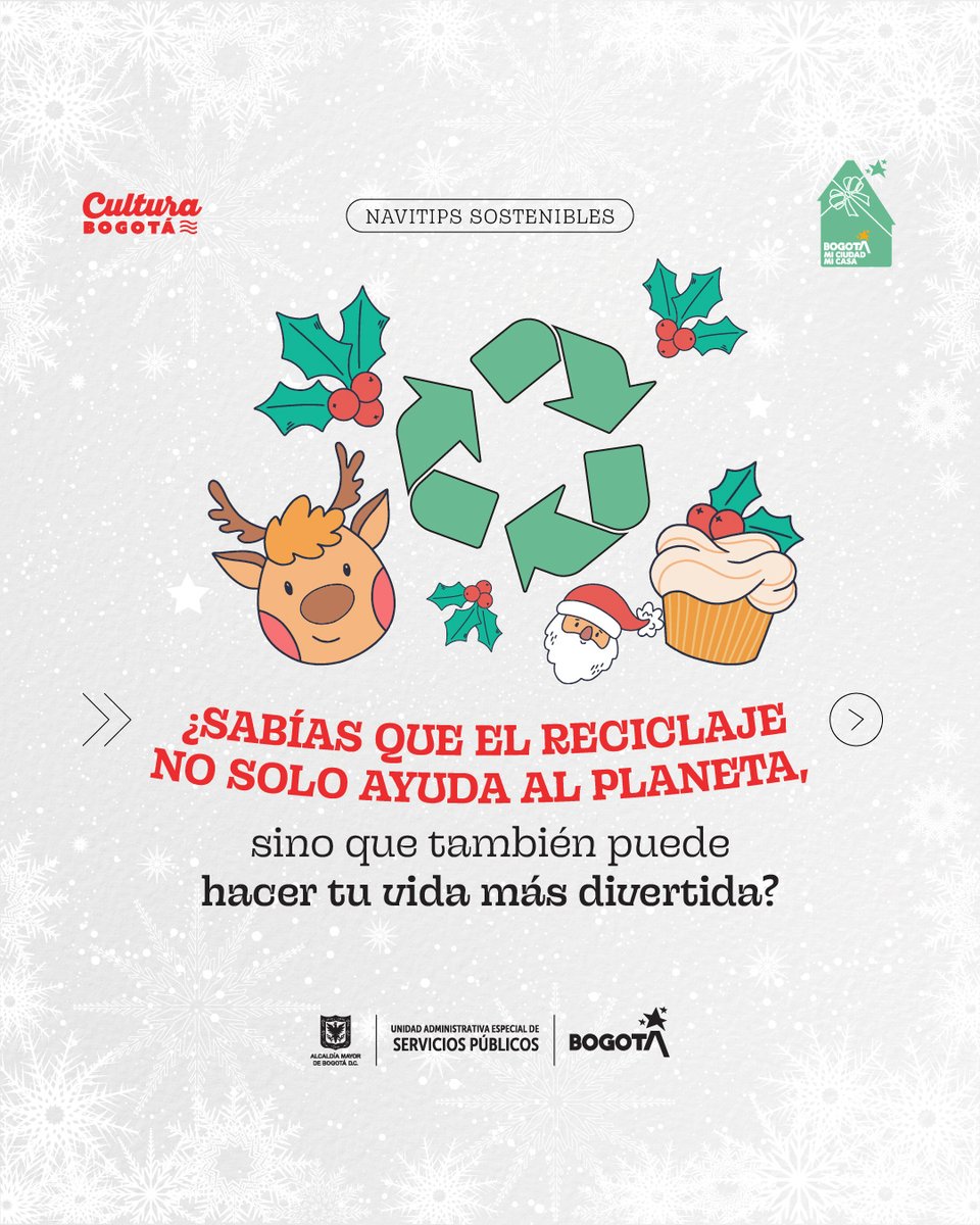Uaesp's tweet photo. Desde la UAESP te damos #NaviTips para unas fiestas sostenibles: ♻️ Transforma objetos viejos en algo nuevo, di adiós a las bolsas plásticas y reutiliza, haz del reciclaje un hábito divertido. 🎁 Pequeñas acciones, grandes cambios. ¡Cuéntanos tus ideas para cuidar Bogotá! 👇 https://t.co/N2OTvkNKnK