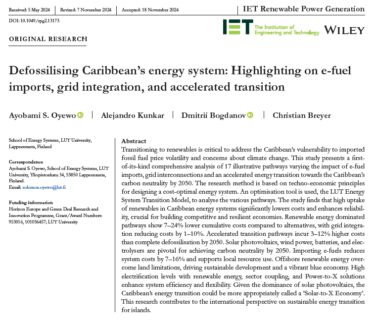 Christian Breyer 🦣 (@christianonre) on Twitter photo 1/ New research <a href="/UniLUT/">LUT University 🚀</a> <a href="/solomon_oyewo/">Solomon Oyewo</a> doi.org/10.1049/rpg2.1… This study presents the first-of-its-kind comprehensive analysis of 17 illustrative pathways, exploring e-fuel imports, grid interconnections & accelerated energy transitions for #Caribbean carbon neutrality by 2050. 1/ New research <a href="/UniLUT/">LUT University 🚀</a> <a href="/solomon_oyewo/">Solomon Oyewo</a> doi.org/10.1049/rpg2.1… This study presents the first-of-its-kind comprehensive analysis of 17 illustrative pathways, exploring e-fuel imports, grid interconnections & accelerated energy transitions for #Caribbean carbon neutrality by 2050.