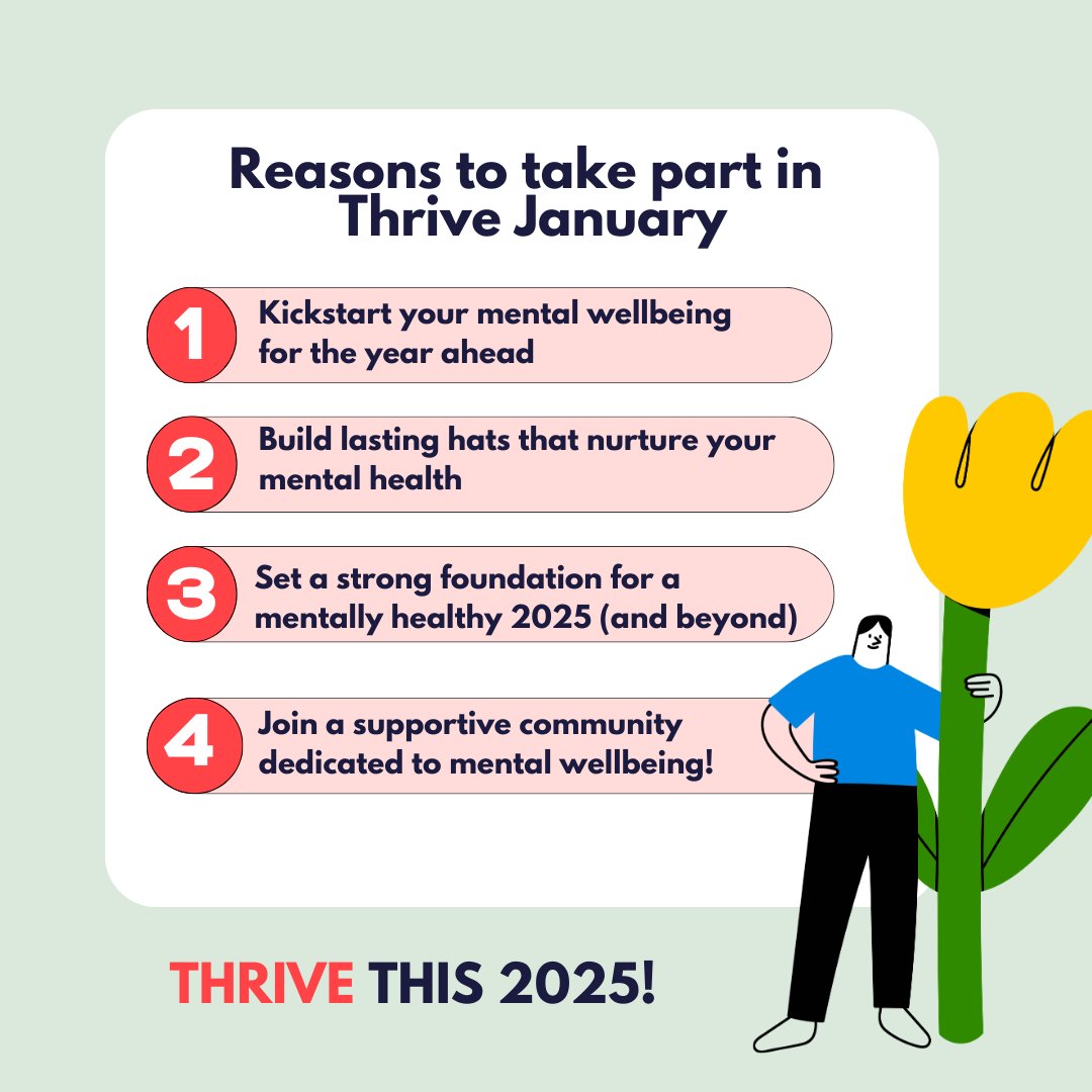 Looking for your New Year’s resolution? Welcome to #ThriveJanuary! ✨

This month is all about prioritising #mentalwellbeing and building healthy habits. 

Join us and take the first step towards a healthier, more balanced year!

#YoungPeoplesMentalHealth