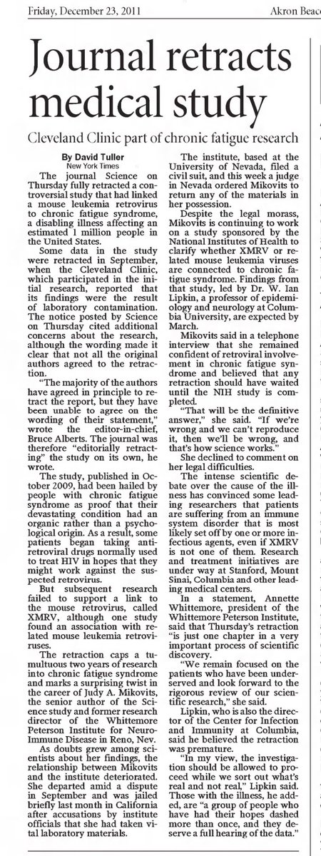 RFH1955's tweet image. From @davidtuller1. The Akron Beacon Journal, US. 23rd December 2011. 

#mecfs #xmrv #cfsme #myalgicencephalomyelitis #myalgice