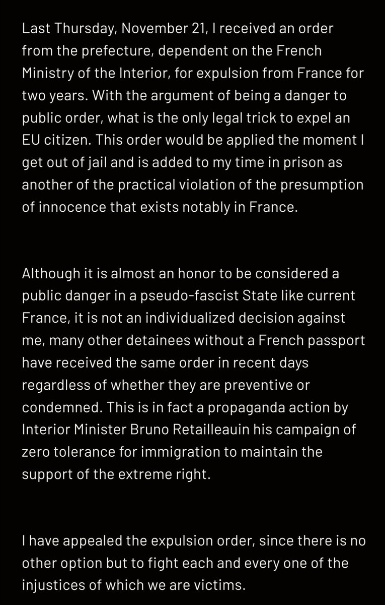 <a href="/mbauwens/">Michel Bauwens</a> <a href="/ernesturtasun/">Ernest Urtasun</a> 🔴 Aquí es pot llegir el seu darrer comunicat, de finals de novembre, traduït a l'anglès: «Statement order of expulsion of french territory» llibertatenricduran.net/2024/11/27/27-…