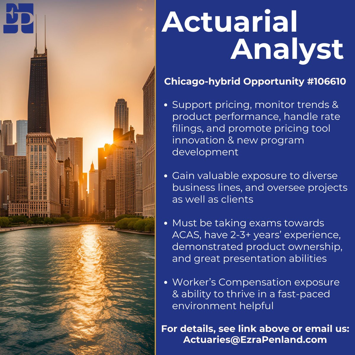 EzraPenland's tweet photo. Exciting, highly visible opportunity for a proactive Actuarial Analyst to join an enthusiastic Chicago team! https://t.co/iJFIeNlBGc
#Actuary #Actuarial #Pricing #ToolDevelopment #WorkersComp #Chicago #Illinois #Midwest #EzraPenland #106610 https://t.co/H6or2873zO