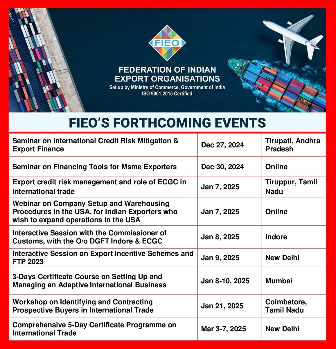 FieoHq's tweet photo. 🌏Stay ahead with FIEO!
Don't miss our upcoming events across India. Explore exports, MSMEs, SEZs, trade finance, logistics, customs, GST and more.
Join us to seize new business opportunities!
Visit👉https://t.co/8TqJn02Wnc
#FIEOForthcomingEvents #FIEOEvents #FIEO https://t.co/JOk0yyKb0H