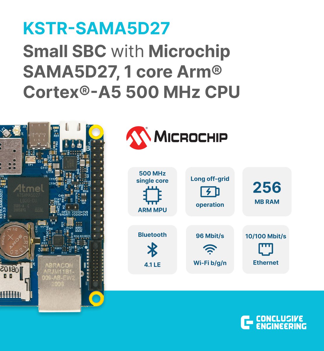 Conclusive_tech's tweet photo. Meet KSTR-SAMA5D27 - a powerful yet tiny SBC powered by @MicrochipTech SAMA5D27 SoC. Designed for low power consumption and a smaller form factor, it's ideal for secure node computing and IoT solutions. #embeddedhardware https://t.co/cYYDm1Gsej