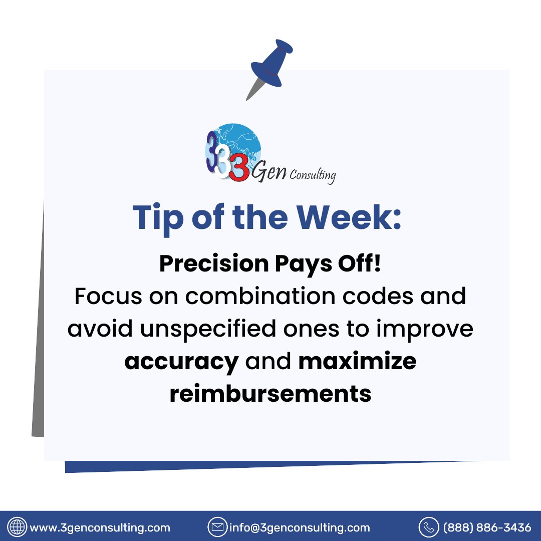 3gen_consulting's tweet image. Precision in coding isn't just a practice—it's the key to compliance and optimal revenue. This week’s tip highlights the importance of mastering combination codes for advanced accuracy. Take your coding game to the next level!
#3GenConsulting #MedicalCodingTips #Healthcare