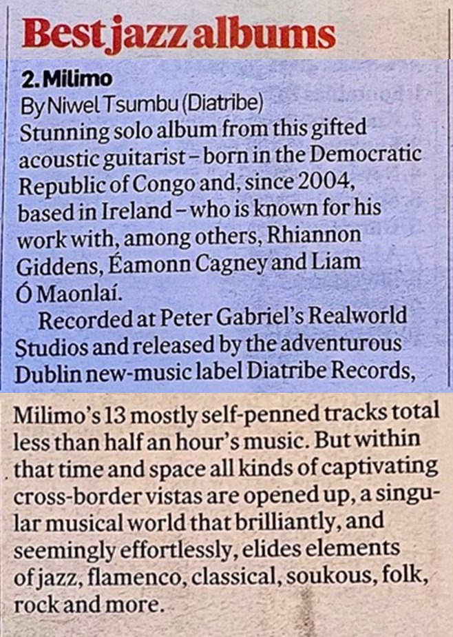 Diatribe Records (@diatriberecords) on Twitter photo Thanks to <a href="/MrPhilipWatson/">Philip Watson</a> for including <a href="/NiwelTsumbu/">Niwel Tsumbu</a>'s đ„ #Milimo in the <a href="/IrishTimes/">The Irish Times</a> "Best Irish Jazz Albums of 2024" đ Thanks to <a href="/MrPhilipWatson/">Philip Watson</a> for including <a href="/NiwelTsumbu/">Niwel Tsumbu</a>'s đ„ #Milimo in the <a href="/IrishTimes/">The Irish Times</a> "Best Irish Jazz Albums of 2024" đ