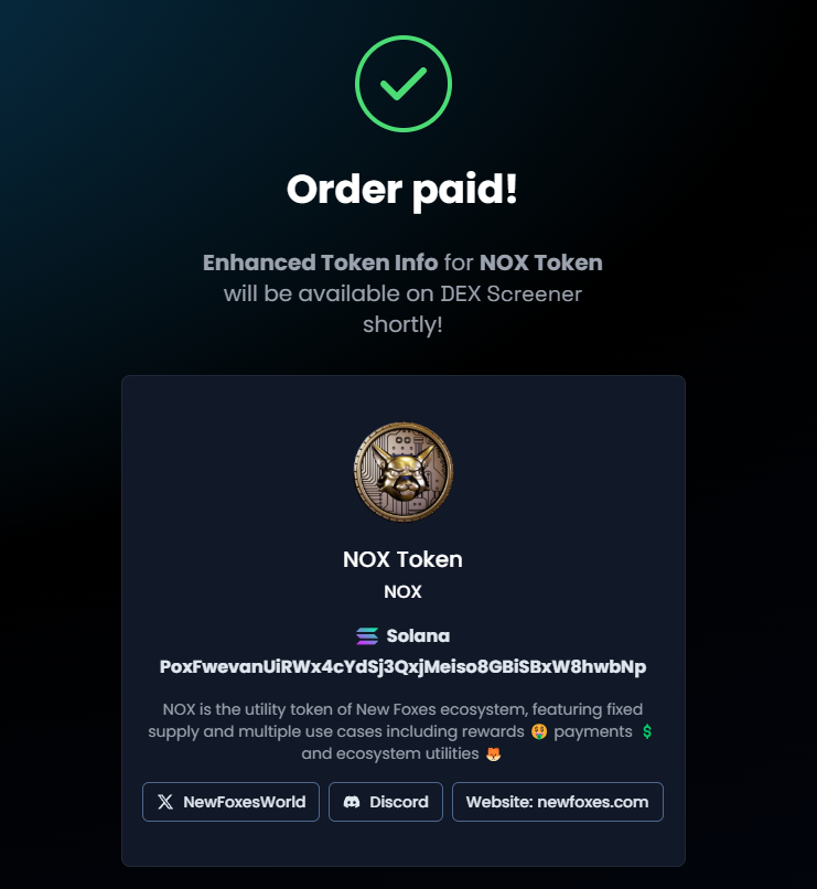 Token updated 🔥
Long live $NOX 💸

CA: PoxFwevanUiRWx4cYdSj3QxjMeiso8GBiSBxW8hwbNp