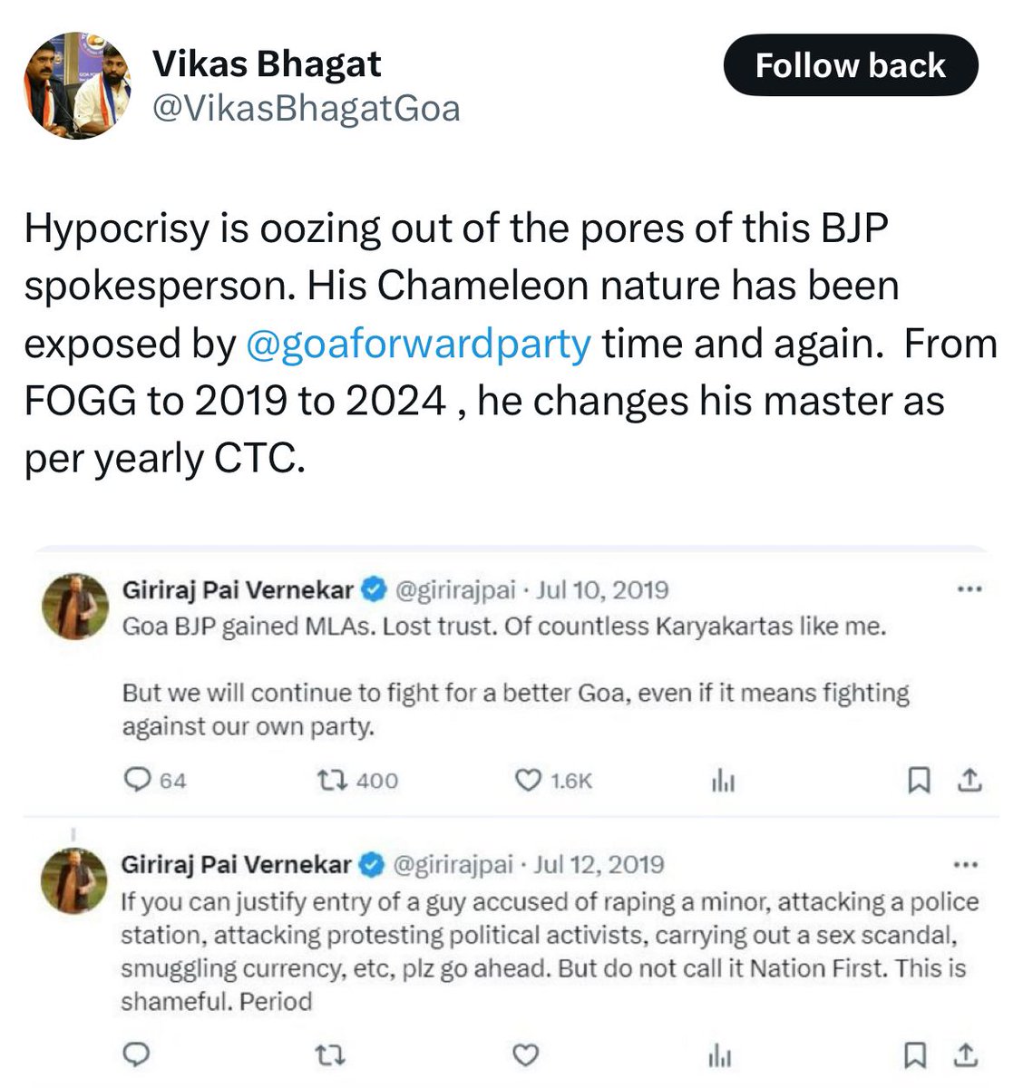 goanewshub's tweet photo. Goa Forward leader Vikas Bhagat hits out at BJP spokesperson Verenkar, reminding him of his Facebook posts against his own party when 10 Congress MLAs defected from INC to BJP in July 2019. 
#VikasBhagat #GoaForward #BJP #Verenkar #CongressDefection #GoaPolitics #INCtoBJP https://t.co/Ha0XjYXmAv