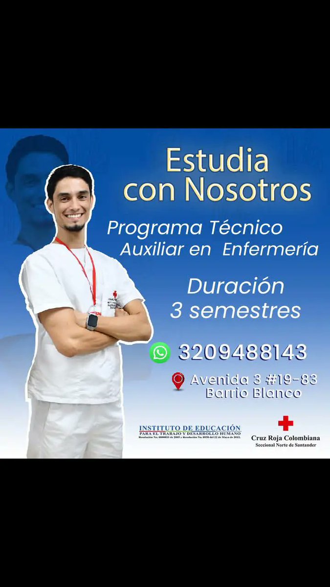 Estudia Auxiliar en Enfermería en el Instituto de Educación de la Cruz Roja.

Matrículas abiertas para el periodo 2025-1, y lo mejor con precios de 2024 y un descuento del 5% y de obsequio un uniforme.

📲 320 9488143 financiación directa de la matrícula... 🏃‍♂️🏃‍♀️