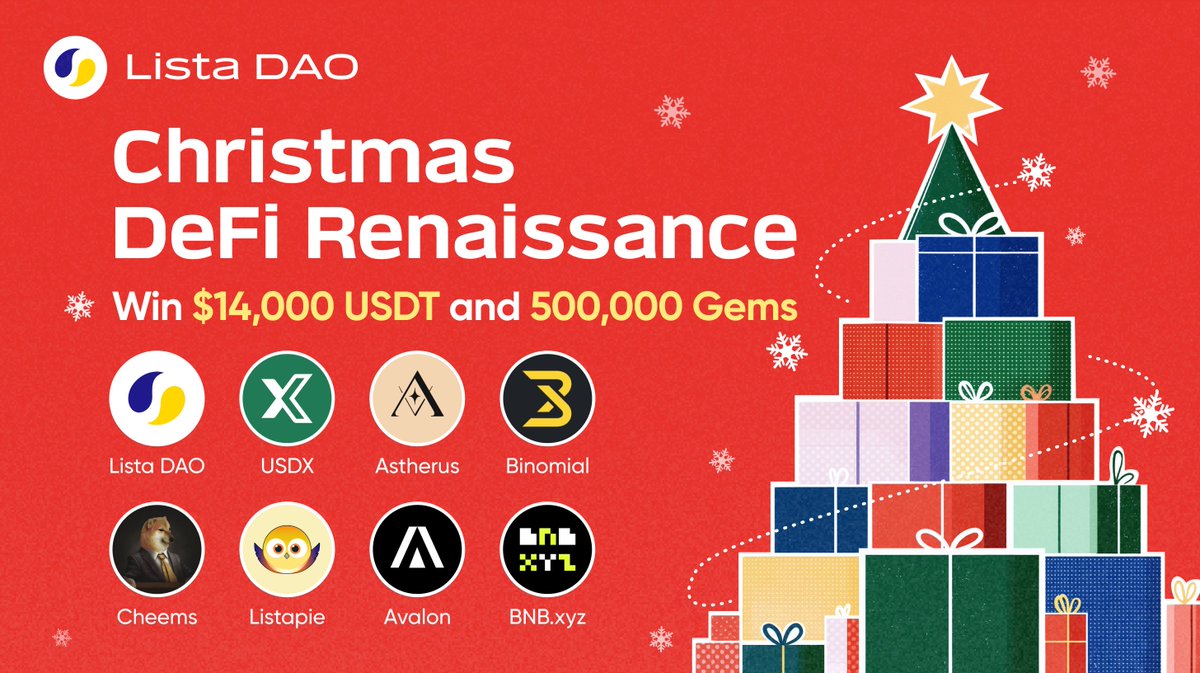 lista_dao's tweet image. 🎄Christmas DeFi Renaissance!

Join us and win up to 14,000 USDT &amp;amp; 500,000 Gems this Christmas! ✨

Merry Xmas from @lista_dao, @usdx_money, @LordCheems_bsc, @AstherusHub, @Binomial_fi,  @Listapiexyz_io, @avalonfinance_, and @BNBxyz. 

📅Dec 23 - Jan 5
🔗app.galxe.com/quest/ListaDAO…