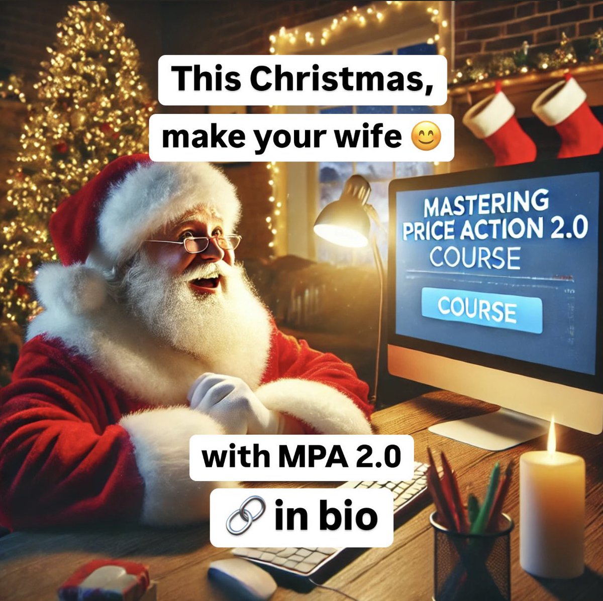 8. Christmas can now go on as usual. 

All thanks to the Mastering Price Action 2.0 Program. 

If you also want to keep your wife happy, pick up the MPA 2.0 now. 

🔗 in bio