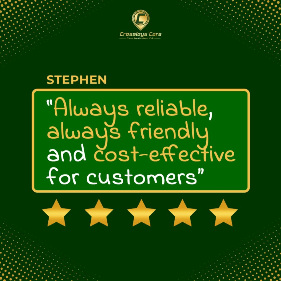 CrossleysCars's tweet image. Thank you, Stephen! 😊 Reliability, friendliness, and great value are what we strive for every day. We're thrilled to hear we’ve delivered on that for you! 🚖👏
-
📲 Download Our App: onelink.to/crossleyscars
📞01422 202020
🌐 crossleyscars.com
-
#crossleys #taxi #smspay