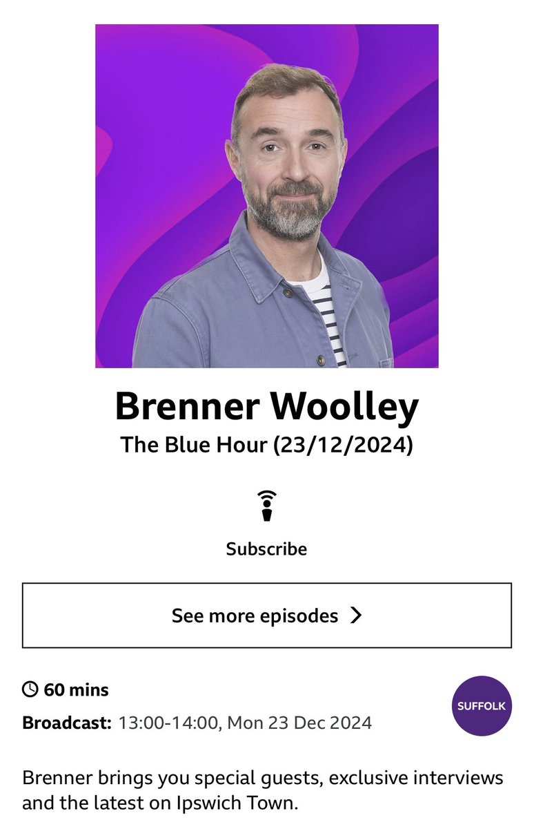 KateRileyPosts's tweet image. Hope you can join us for “The Blue Hour” on @BBCSuffolk at 6pm. What an honour it was to be asked to take part and chat with Brenner after all these years on a recent trip home. Uppa Towen! #itfc