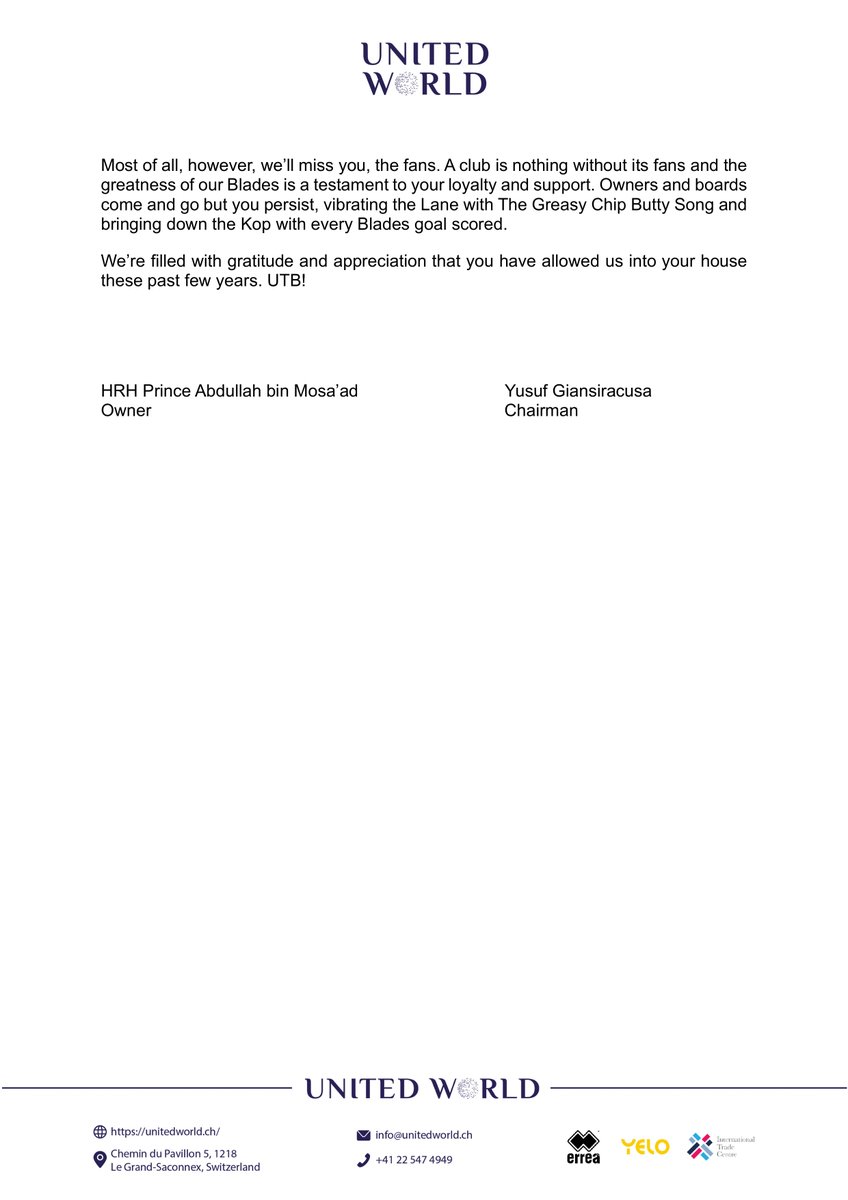 United World Announces Ownership Change at Sheffield United Football Club