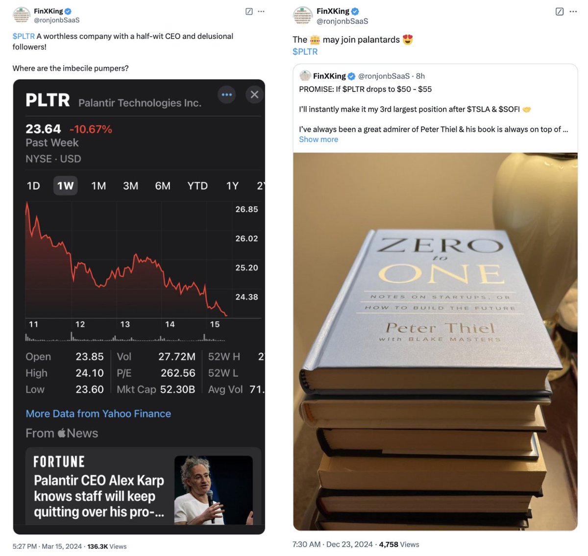 🚨 <a href="/ronjonbSaaS/">FinXKing</a> vs $PLTR:

$24: "WORTHLESS COMPANY WITH HALF-WIT CEO"
$80: "Can't wait to get in!"

King of low T?