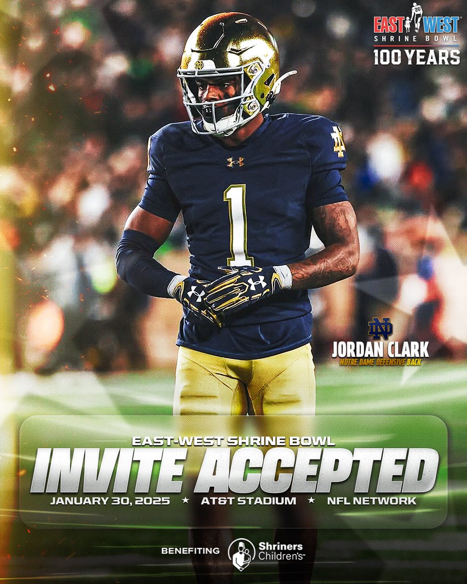 All-star 💫

DB Jordan Clark (<a href="/Jclark21_/">Jordan Clark</a>) from <a href="/NDFootball/">Notre Dame Football</a> has officially accepted his invite to the 100th East-West #ShrineBowl!

#GoIrish | #ShrineBowlWHOSNEXT 😎