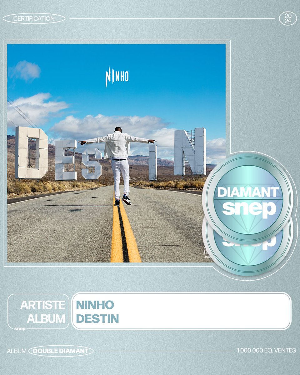 snep's tweet photo. L’album « Destin » de Ninho est certifié Double Diamant ! 💎💎

1 000 000 équivalents ventes 📈

Bravo ! 👏 https://t.co/WhSV0V7721