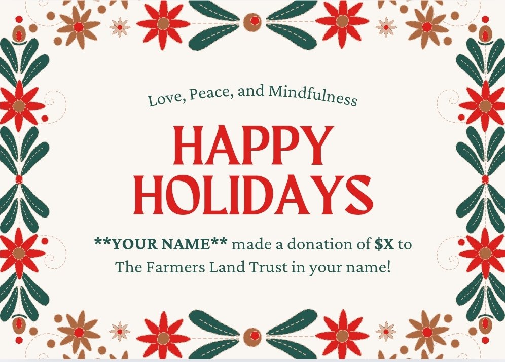 FarmersLT's tweet photo. Looking for a last-minute gift that makes a long-term difference and is available right now?
When you make a gift in honor of a friend or loved one to The Farmers Land Trust, we'll email you this holiday card that can be emailed to the recipient, or printed and gifted in person. https://t.co/BimgWwAfSw